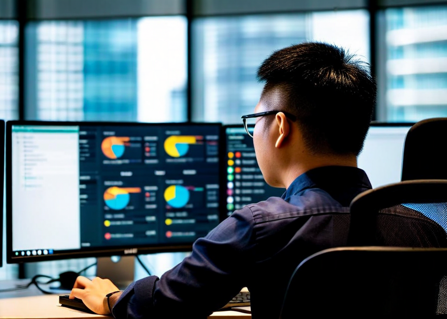 Harry Yu at Level3 AI Singapore office, working on conversation analytics dashboard